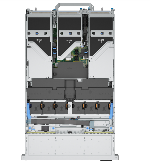 The image shows inside the system with full length risers and GPU.