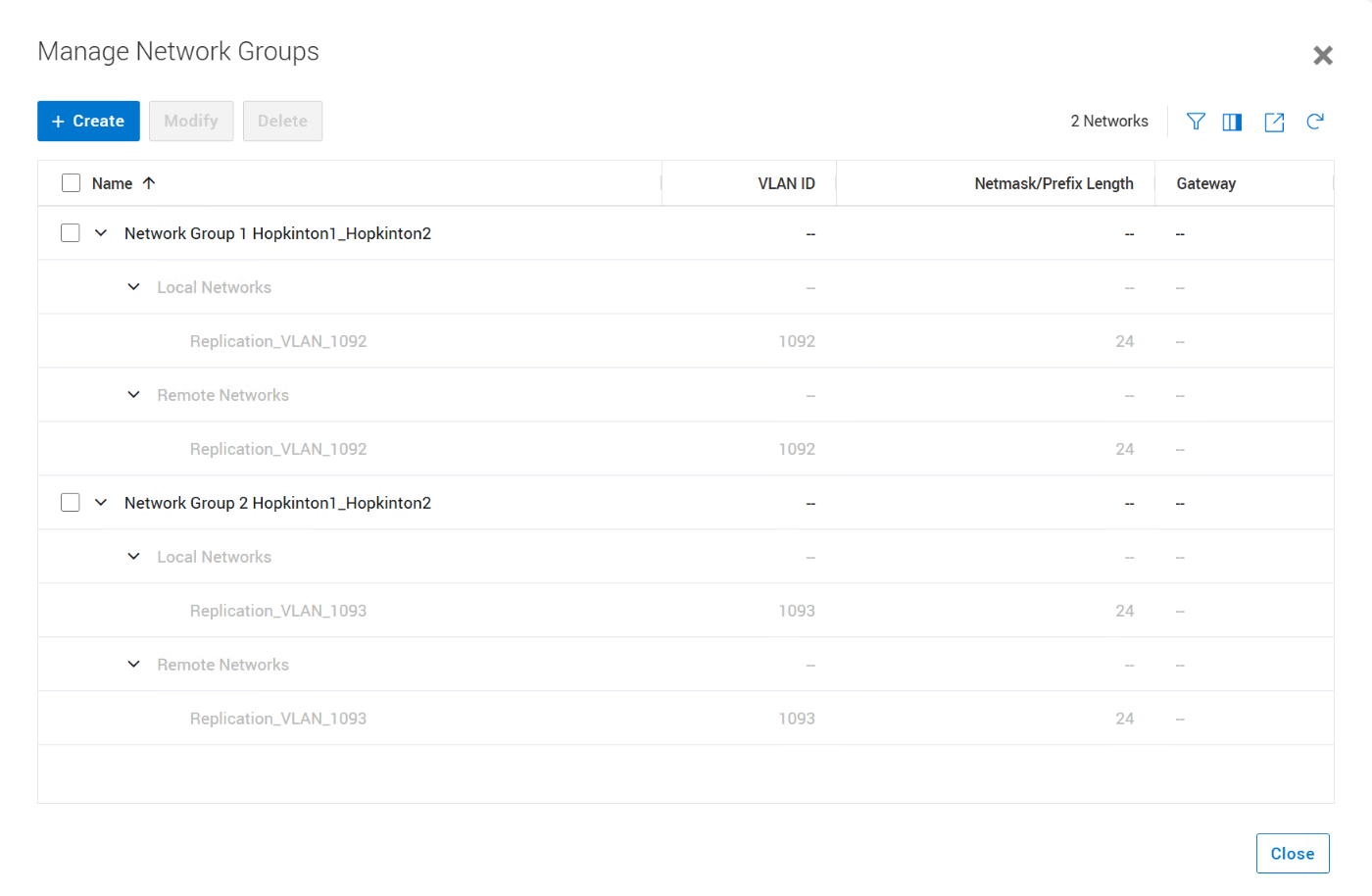 This example of the new Network Groups feature in PowerStoreOS 4.0 shows two network groups created. The first network group pairs the Replication_VLAN_1092 networks from the local and remote system together, while the second network group pairs the Replicaiton_VLAN_1093 networks together.