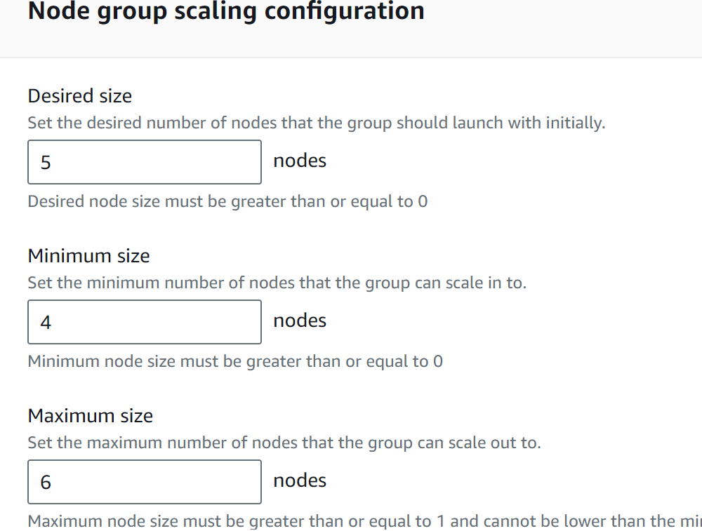 The image shows the worker node group scaling which is taken while editing worker node group in AWS UI.