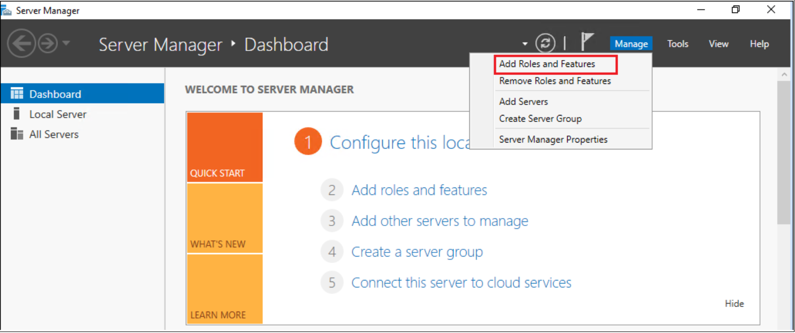 This figure shows how to open the roles and features wizard.