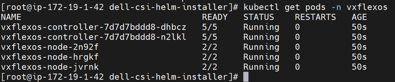 Shows the output from AWS admin VM for a command to list of CSI pods running after in stalling CSI driver. This list includes controller and node pods.