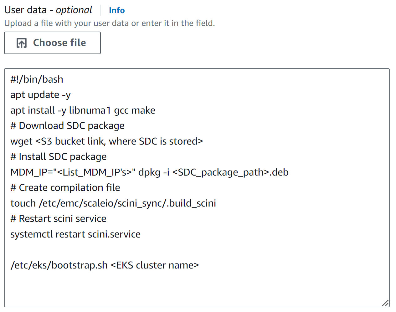 Image shows the User data section under Advance details of the Launch template, where it has script for SDC installation and its recompilation.