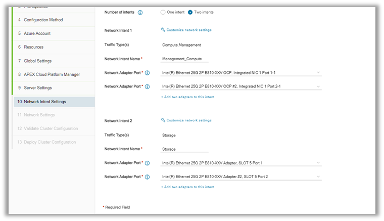 The figure shows the wizard driven configuration process to deploy a new Dell APEX Cloud Platform for Microsoft Azure cluster. This particular capture summarizes the network and storage configuration steps