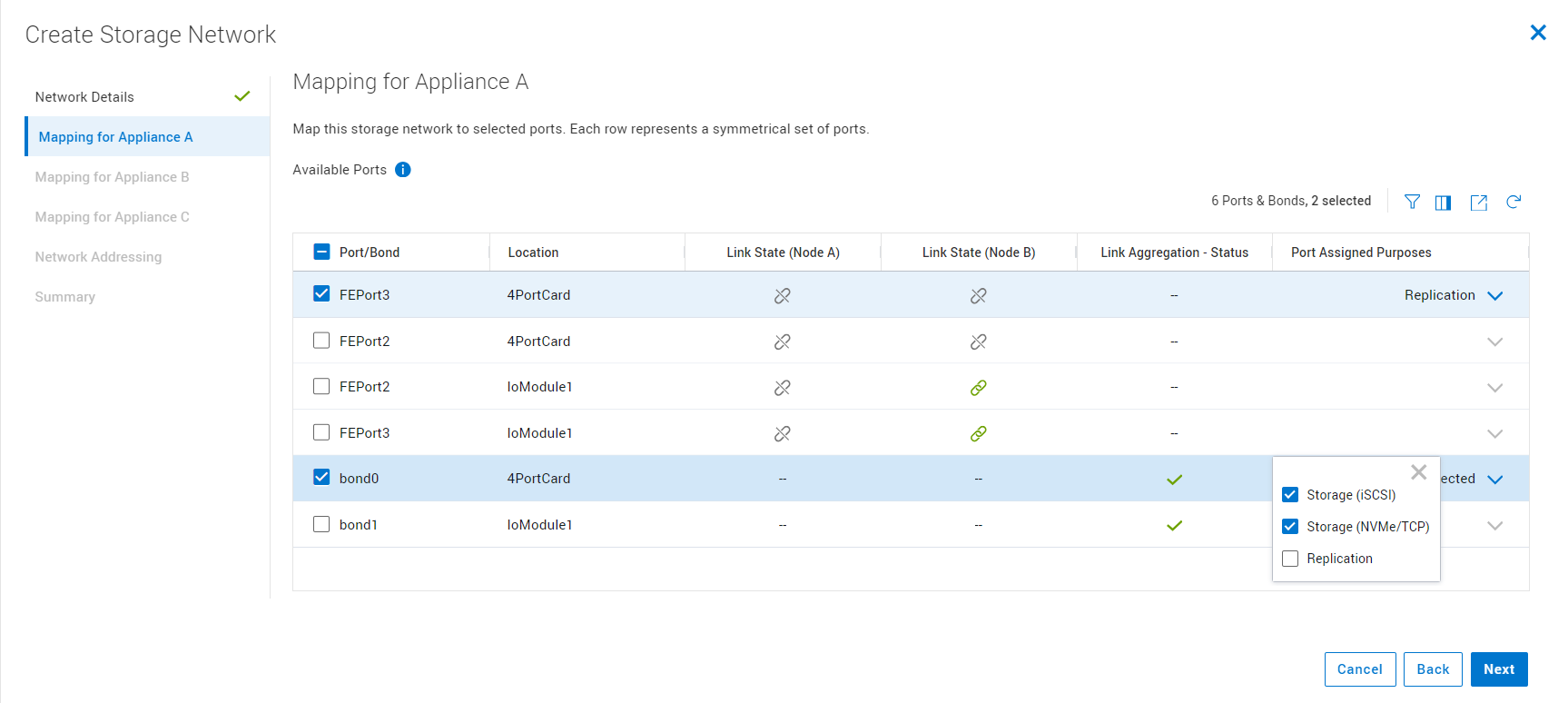 When mapping the new network to available ports, the user has the option of enabling or disabling individual network purposes on each port selected. Here, the selections have been customized to what was mentioned previously.