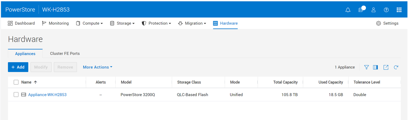 A screenshot of PowerStore Manager showing the Hardware page. It has columns showing this is a PowerStore 3200Q, it uses QLC-Based Flash, and has Double Fault Tolerance Level.