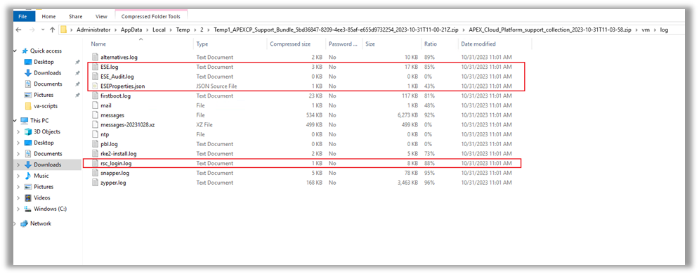 The figure shows the result of unzipping a Dell APEX Cloud Platform for Microsoft Azure log bundle and checking the files included therein