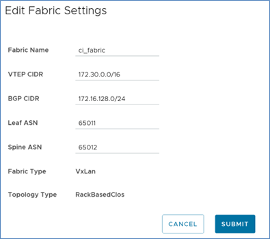 This image shows the default fabric or infrastructure settings that can be modified