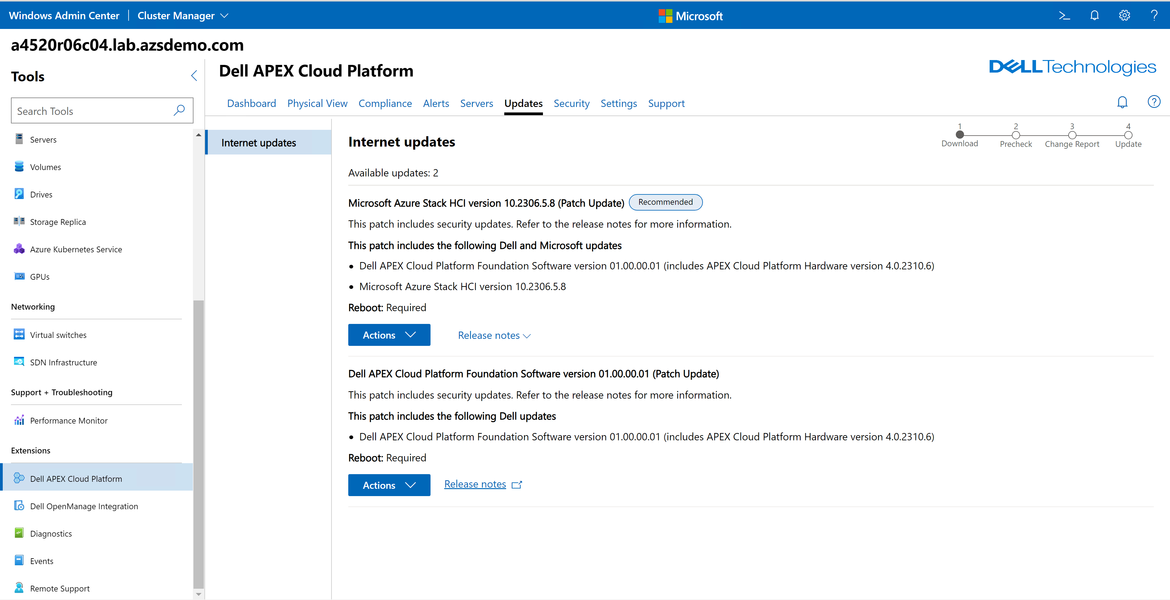 This is a screen shot depicting how bundles appear within the APEX Cloud Platform extension in Windows Admin Center