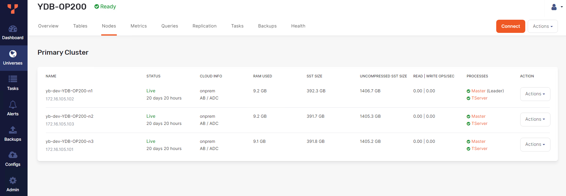 The following figure shows the YugabyteDB cluster node details.