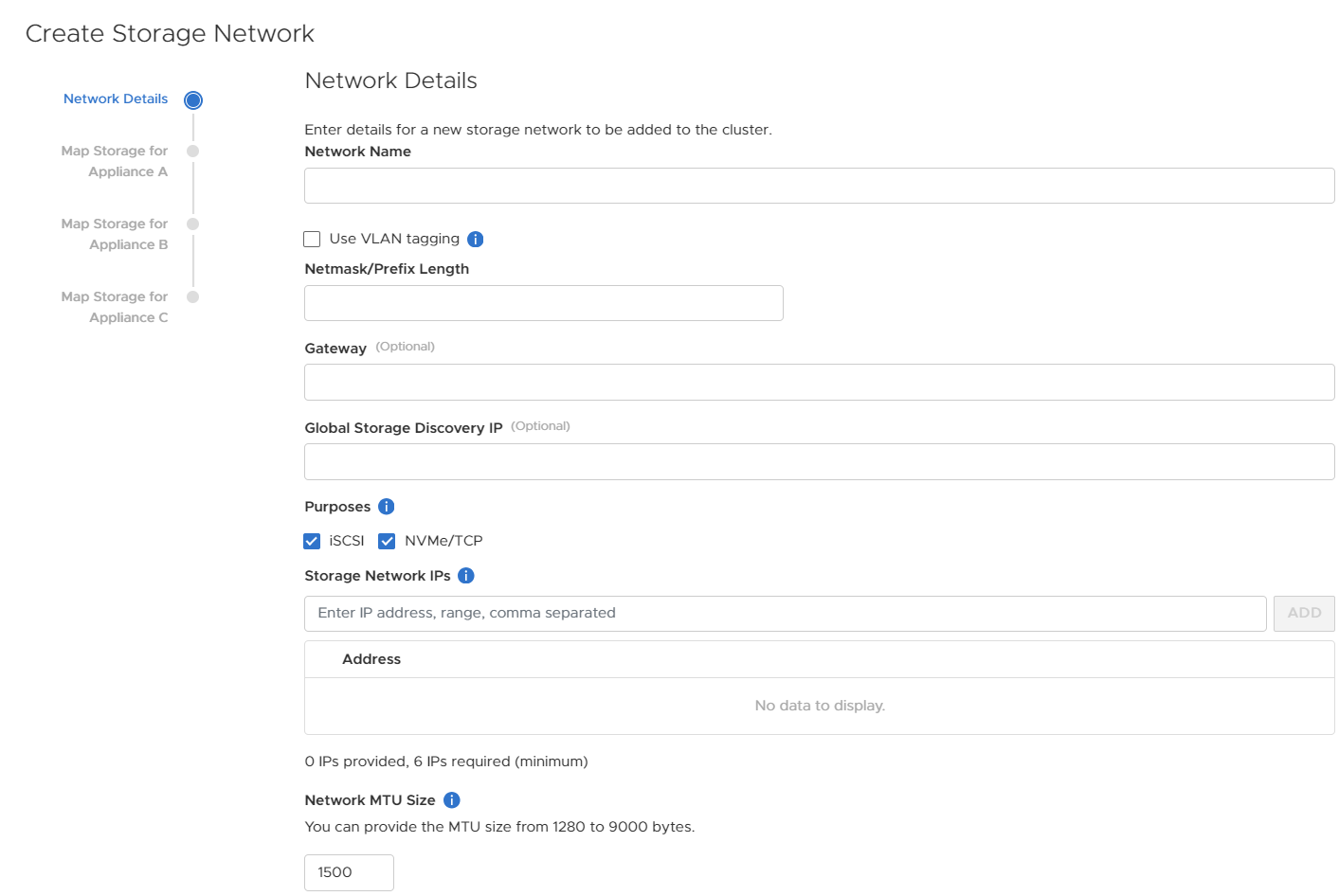 In the Create Storage Network wizard, the Network Details step is where the user enters the required information for the new storage network, and defines what purposes will be used.