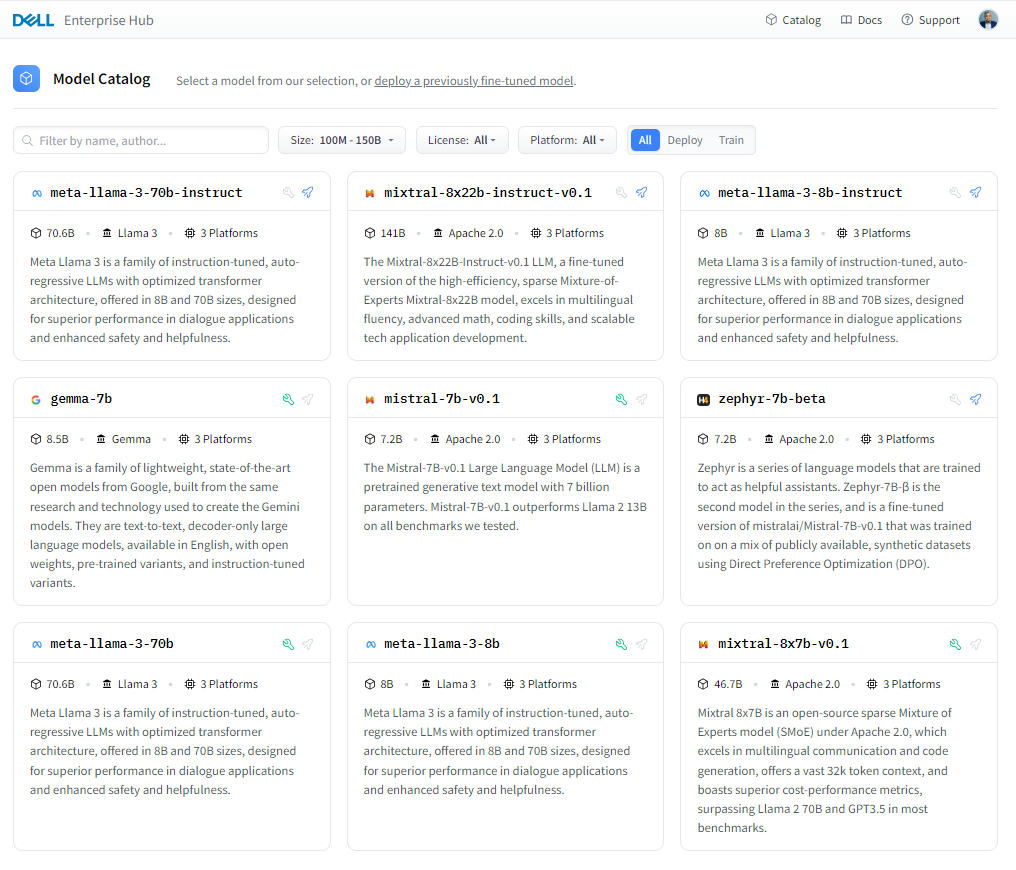 A screenshot of all the models available on Dell Enterprise Hub at https://dell.huggingface.co/