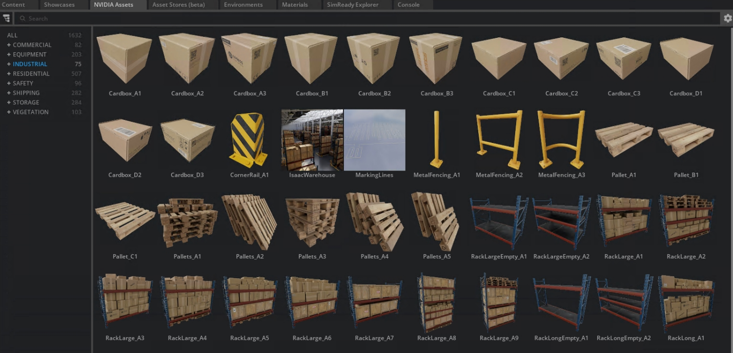 This image shows a screenshot of an example Omniverse assets catalog