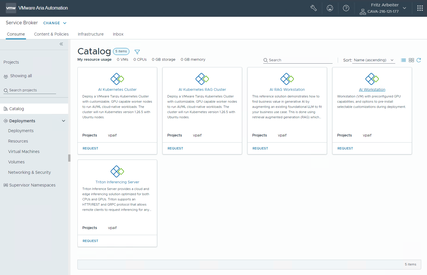 A screenshot demonstrating new catalog items for VCF Private AI Foundation in Aria Automation.