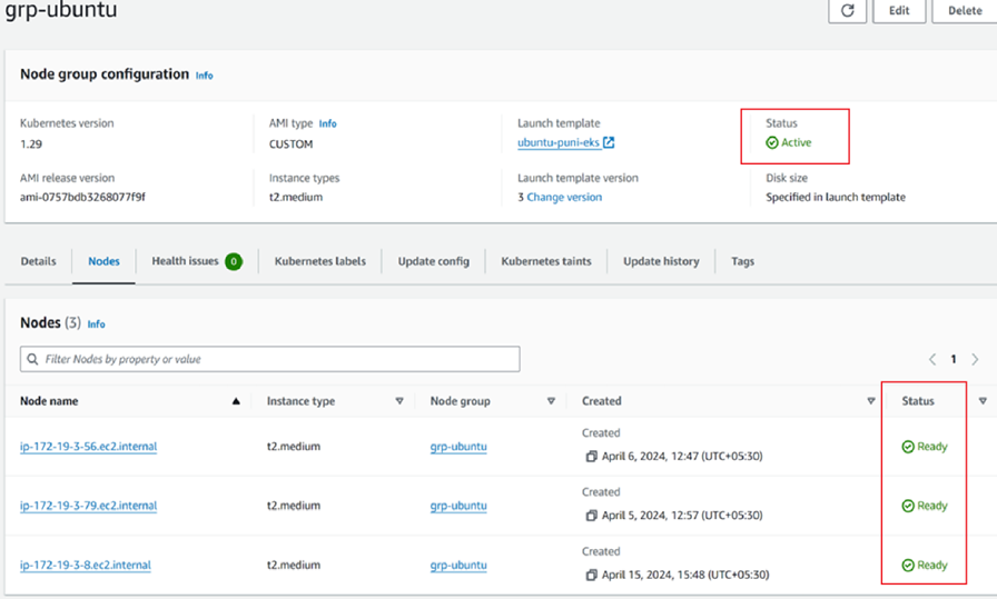 Node group overview image from the AWS EKS UI, which shows node group configuration, list of nodes, status, and so on.