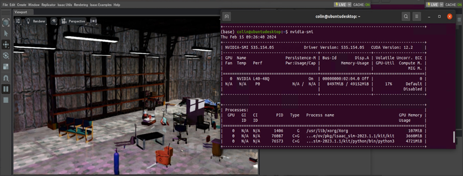 Isaac Sim simulation (multi object scene with occlusions) & GPU utilization snapshot