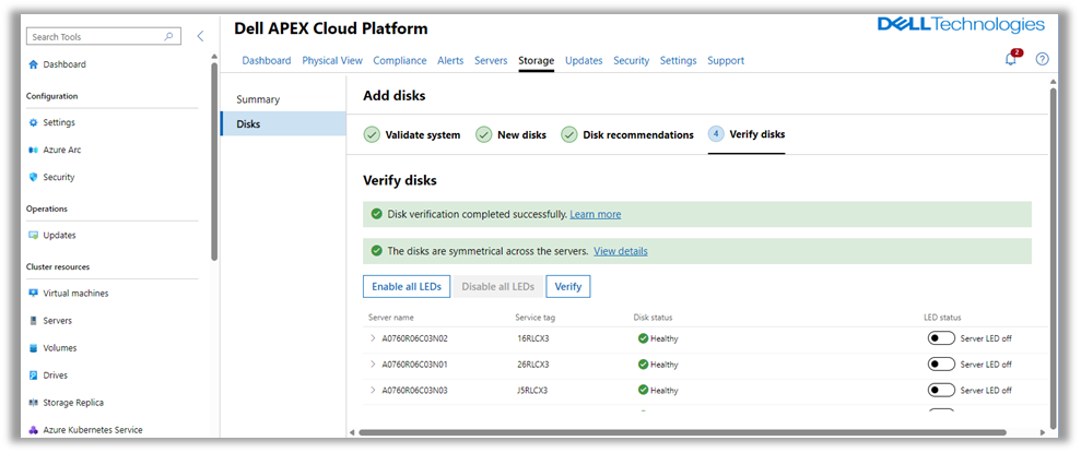 In this capture we can see from the Dell APEX Cloud Platform for Microsoft Azure integration in Windows Admin Center dashboard, how the final verifications has been successfully run, and the disks correctly added to the node.