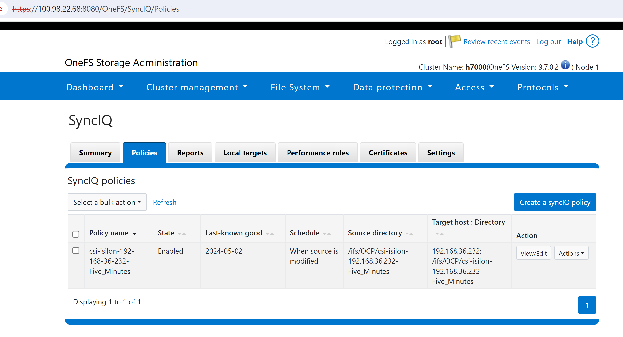 A screenshot showing the policy details on the source PowerScale instance