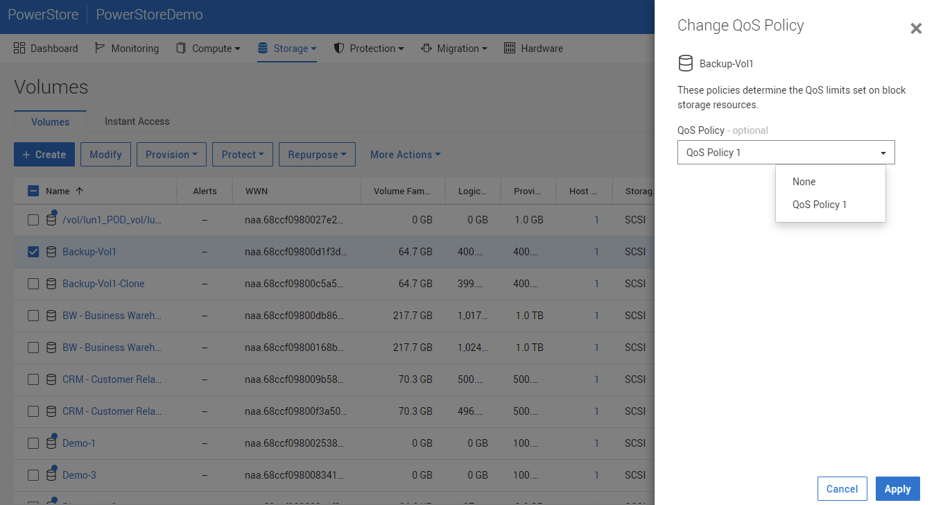 Image shows how to apply a QoS Policy in the Dell PowerStore Manager 