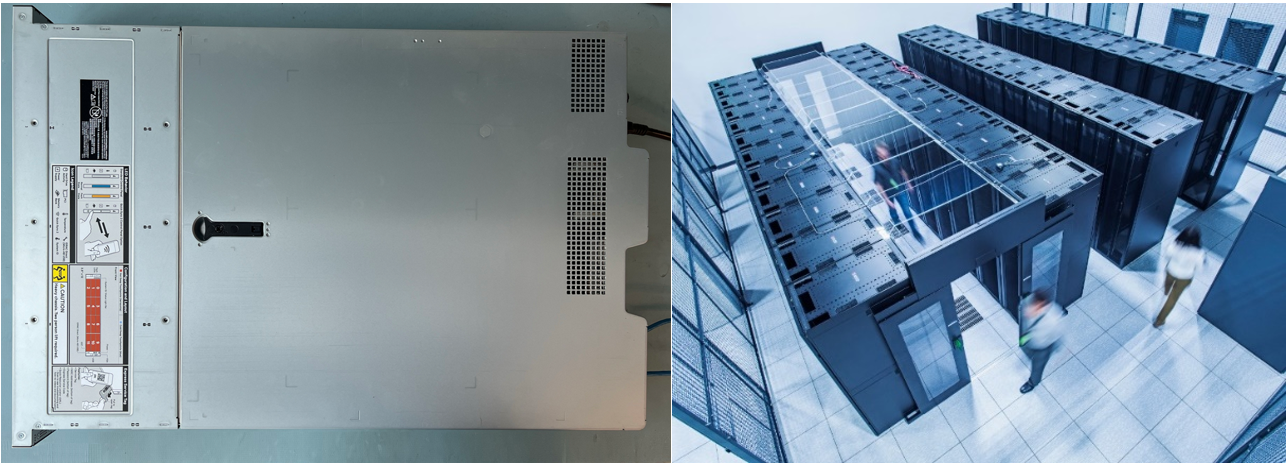 The image on the left shows a Dell PowerEdge HS5620 server in a benchtop environment; the image on the right shows a data center server room.